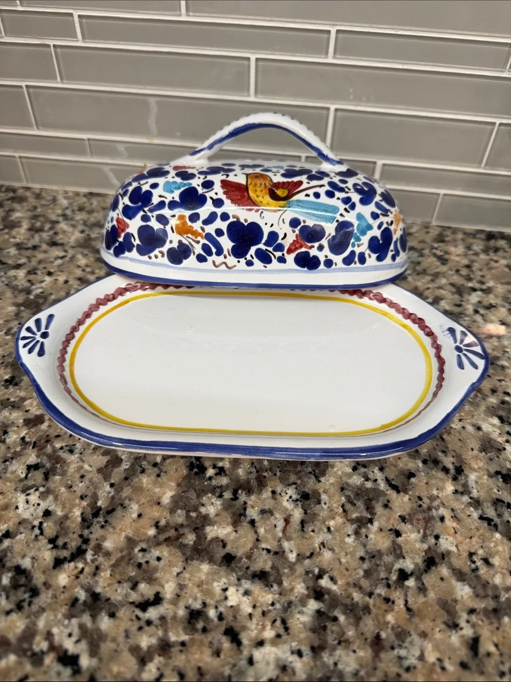 Hand-Painted Ceramic Butter Dish in White with Blue and Multicolor Bird Design